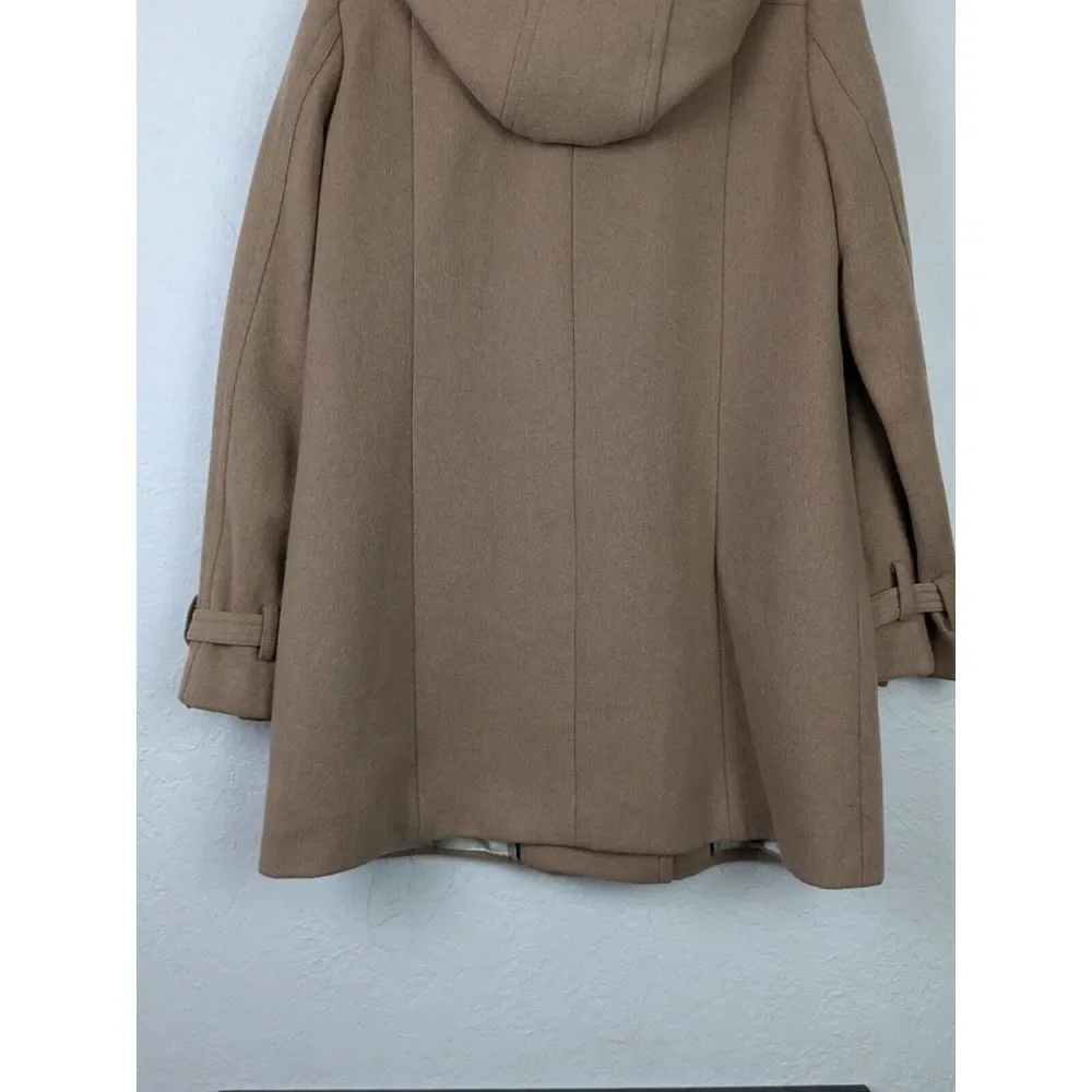 Y2K J Crew Wool OverCoat Womens Sz 4 Tan Camel Lined Winter‎ Jacket Hood Collar